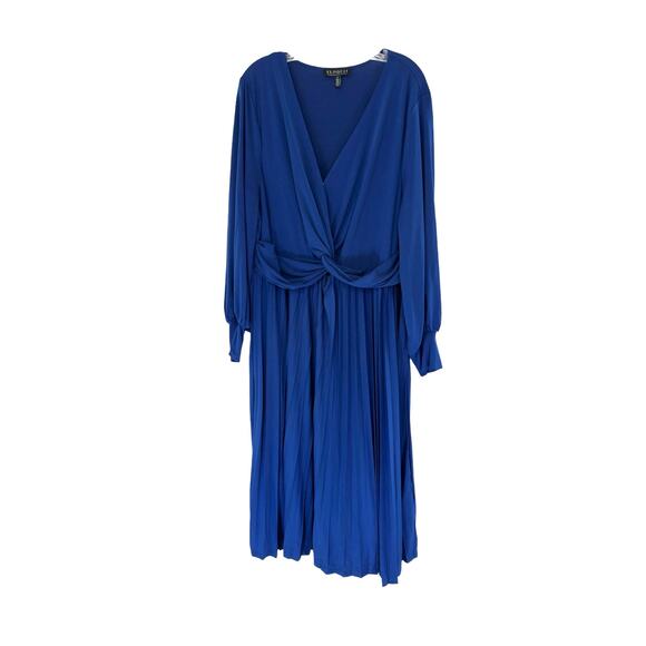Eloquii Dress Plus Blue V-Neck Long Sleeve Knot Front Pleated Midi Size 22 - Picture 1 of 13